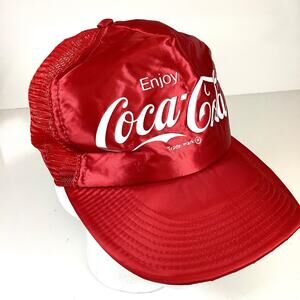Vintage Enjoy Coca Cola Satin Red Foam Mesh Hat SnapBack Cap Made in USA * NICE!
